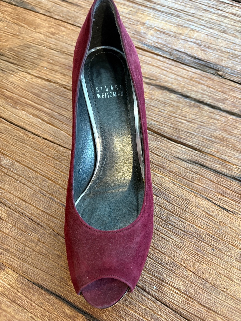Stuart Weitzman Burgundy Suede Open-Toe Pump